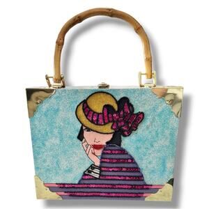 Cigar Box Purse Bamboo Handle Beaded Sequin Lady Campy Quirky